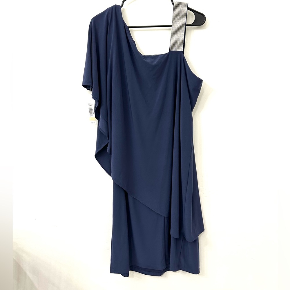 R&M Richards Plus Size Rhinestone-Trim One-Shoulder Dress  Size 14W Navy Blue - Picture 4 of 13